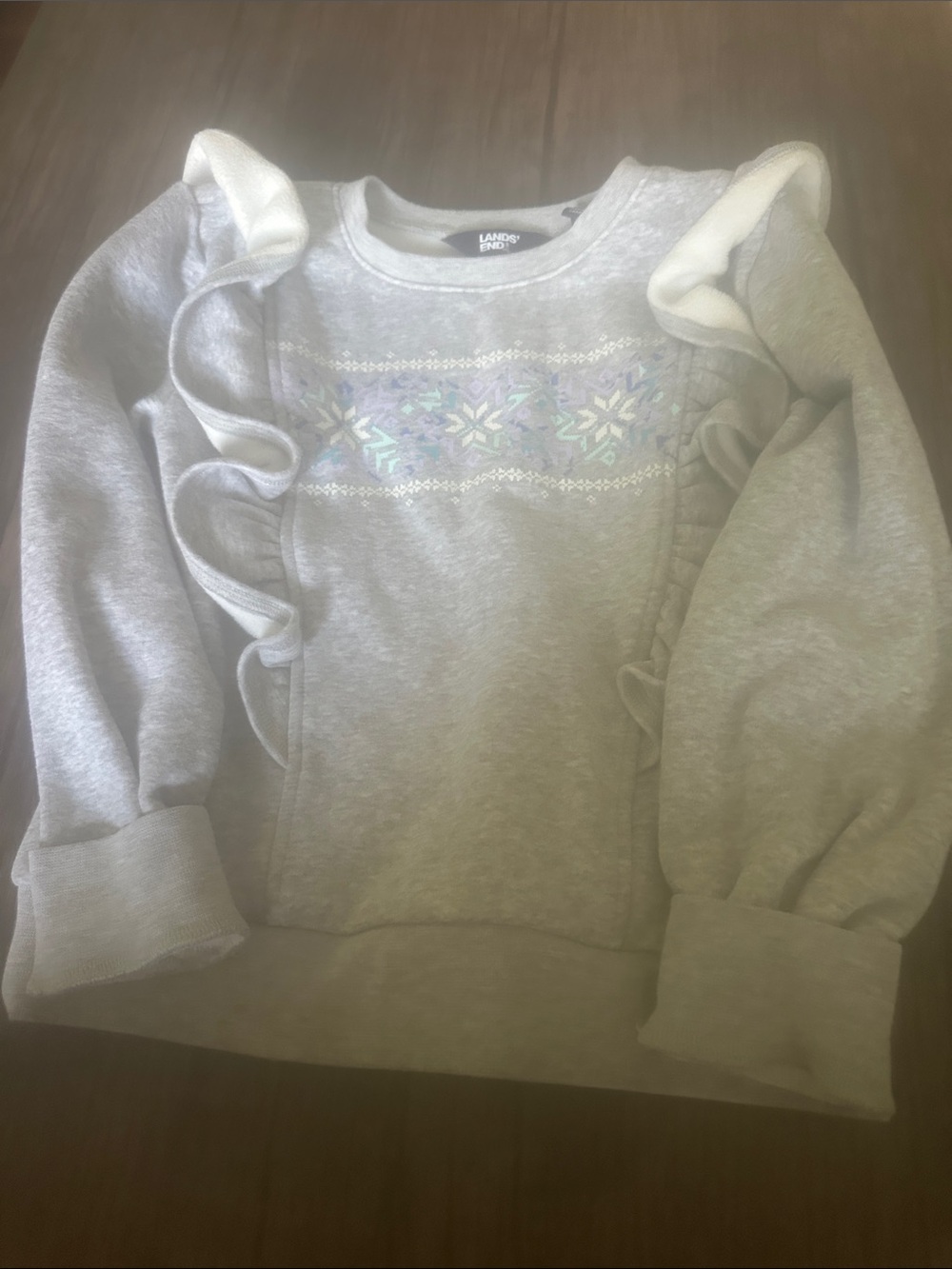 Lands' End Light Gray Ruffle-Trim Snowflake Sweater